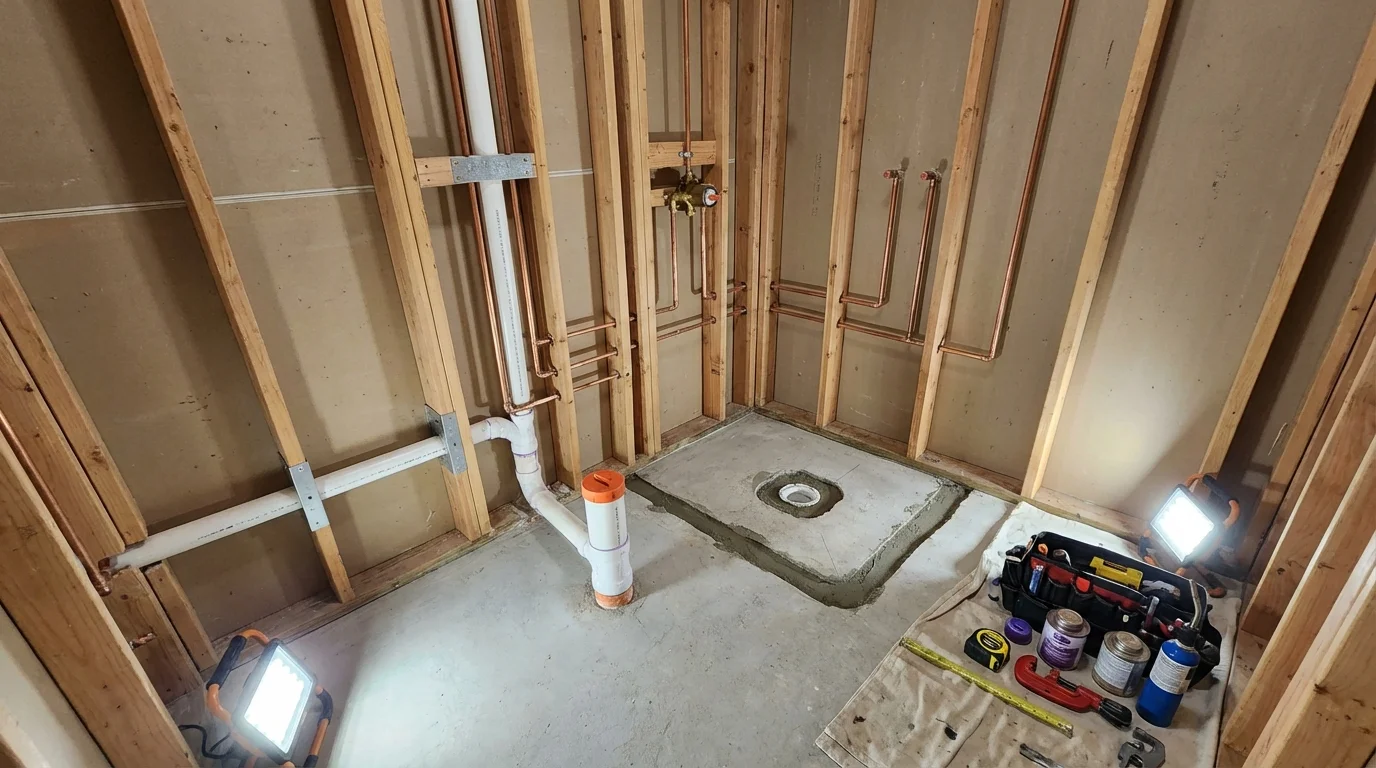 Bathroom rough-in plumbing during remodel by Johns Plumbing LLC in Hector