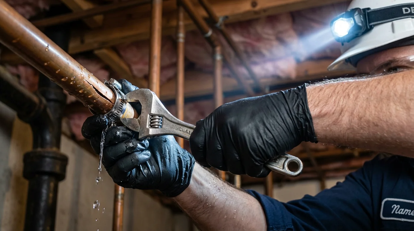 Emergency pipe clamp repair being performed by a Johns Plumbing LLC plumber in Hector