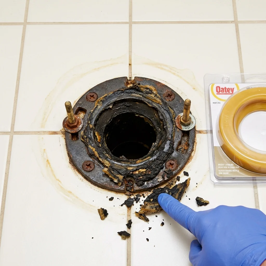 Failed wax ring showing water seepage at the base of a toilet in a Hector, MN home
