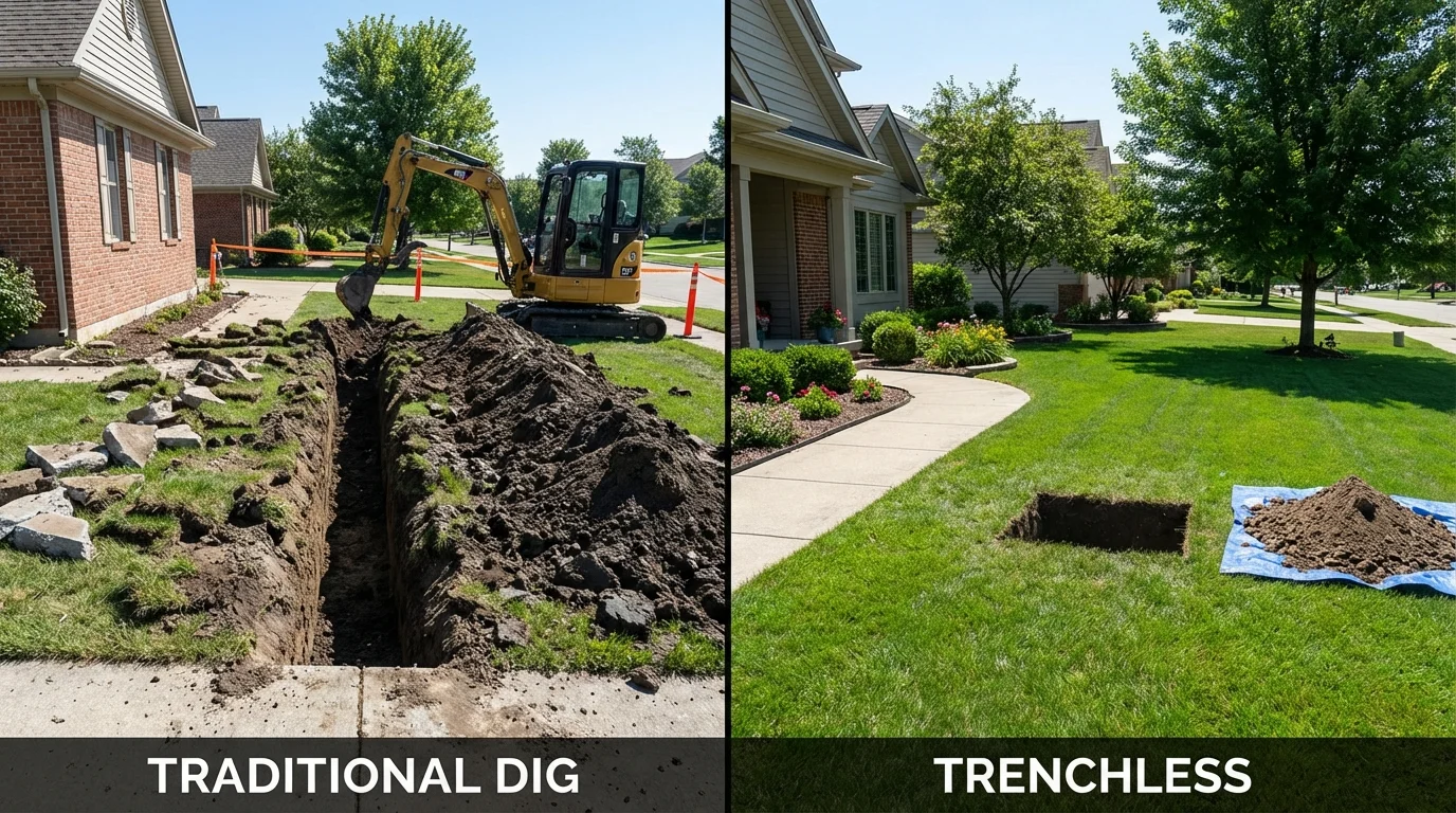 Trenchless sewer repair with minimal yard damage versus traditional excavation in Hector, MN