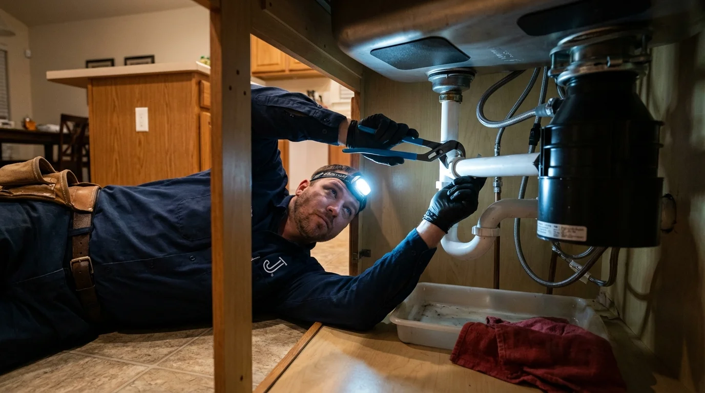 P-trap and supply line connections under a kitchen sink showing a common leak point in Hector, MN